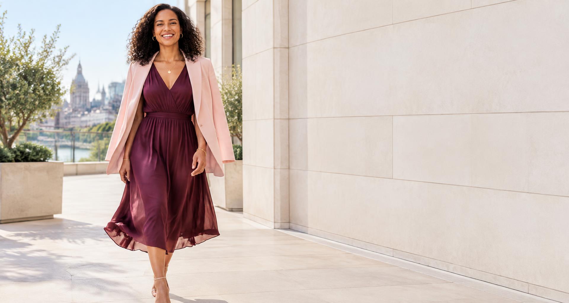 A woman wearing a flowing plum dress and soft pink blazer on a sunlit city terrace